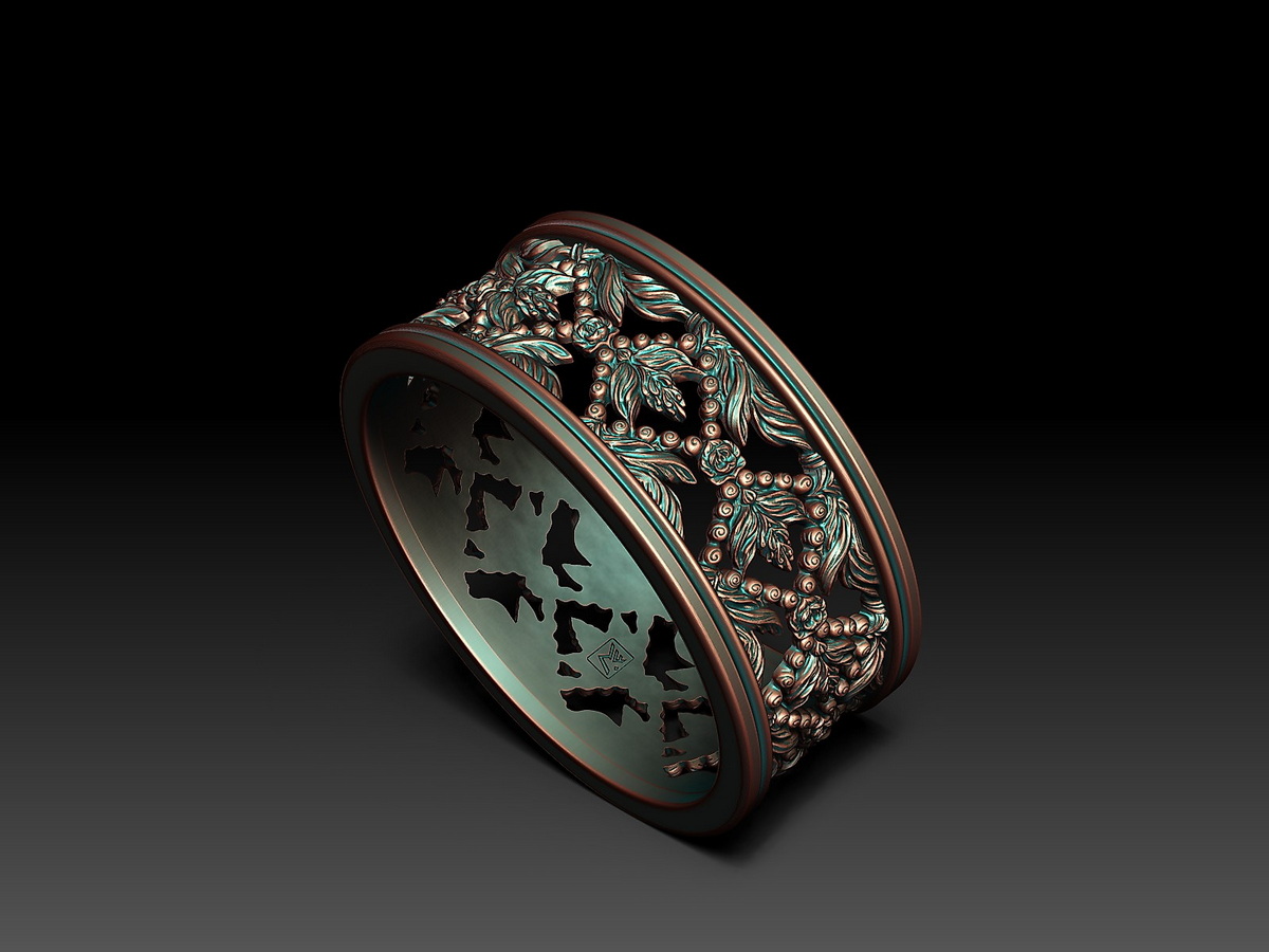 Braided Floral Ring showing the detailed sculptural floral ornament, smooth thinned inner surface, and MF maker�s mark on the interior.